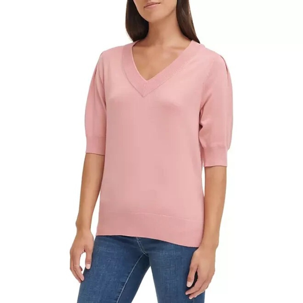 DKNY Womens Puff Sleeve V-Neck Sweater Rouge Blush Pink XL WP2CE